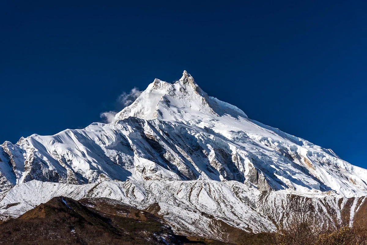 Mount Manaslu rising above the Budhi Gandaki valley